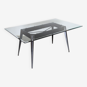 Tolix dining room table, sheet metal and glass, 1950s