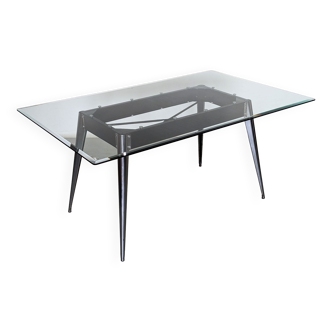 Tolix dining room table, sheet metal and glass, 1950s