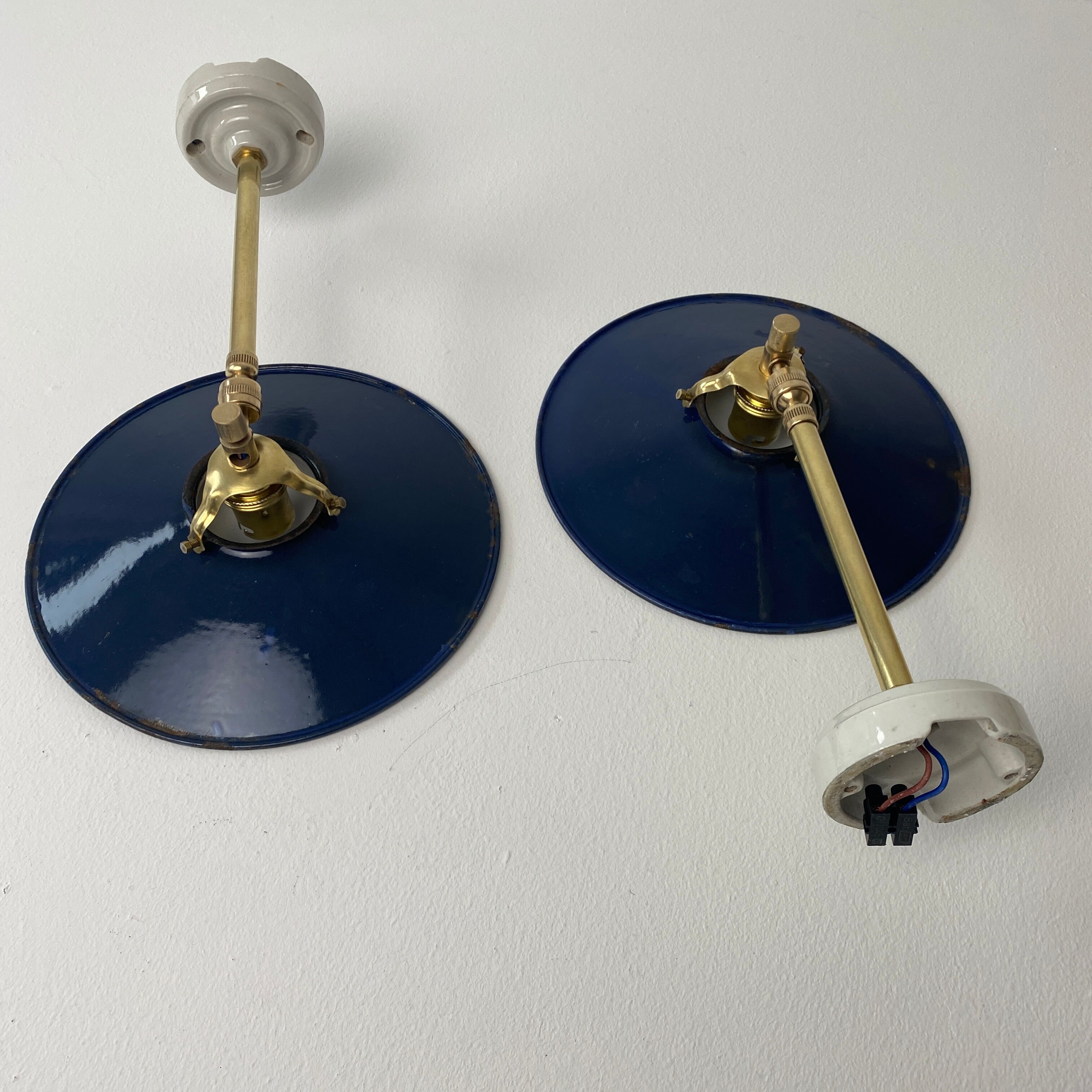 Pair of old vintage blue enamelled wall lamps