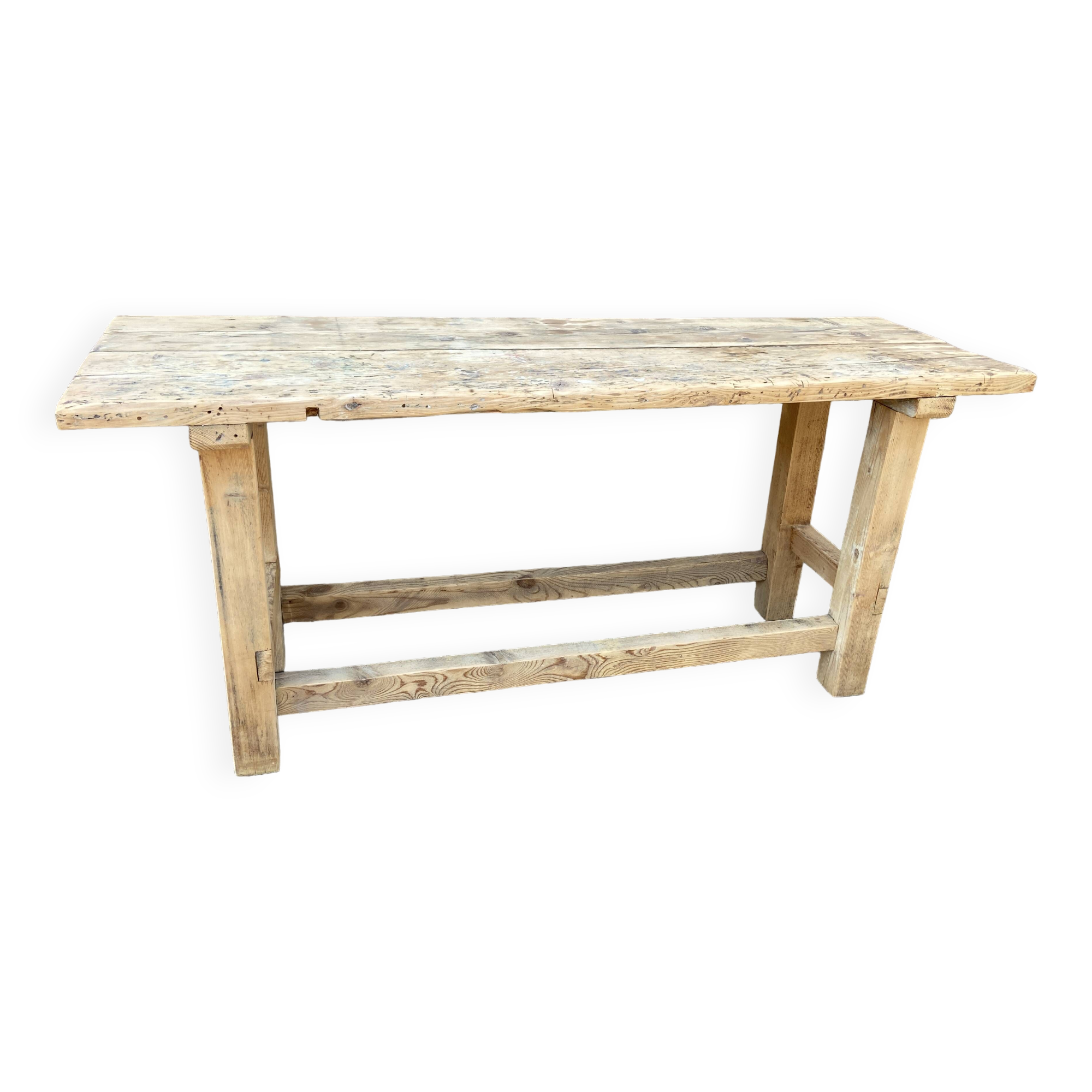 Primitive industrial table workbench in raw natural wood vintage bohemian trade store