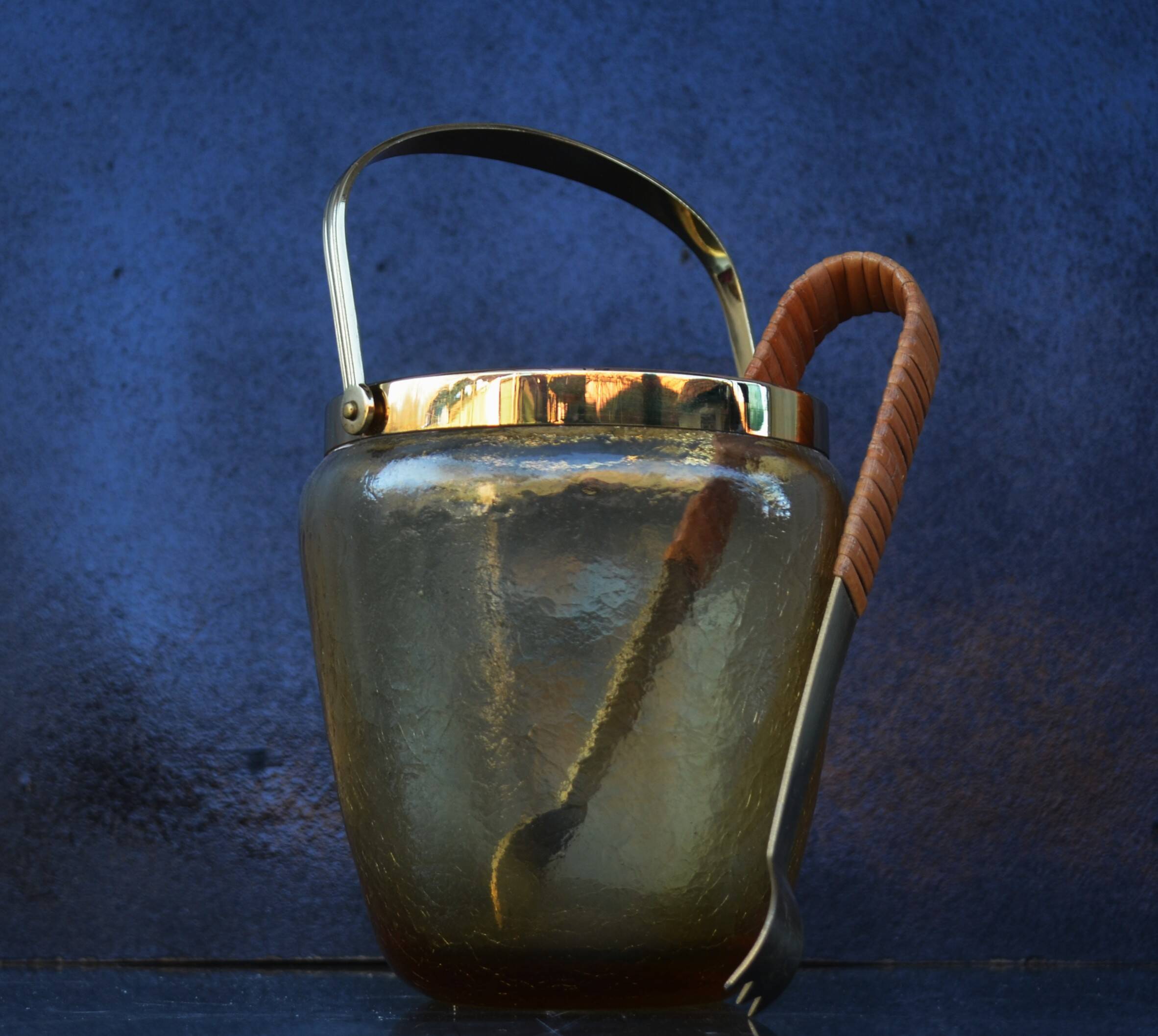 Mid Century Crackle Amber Glass Ice Bucket WMF With Ratan Handle