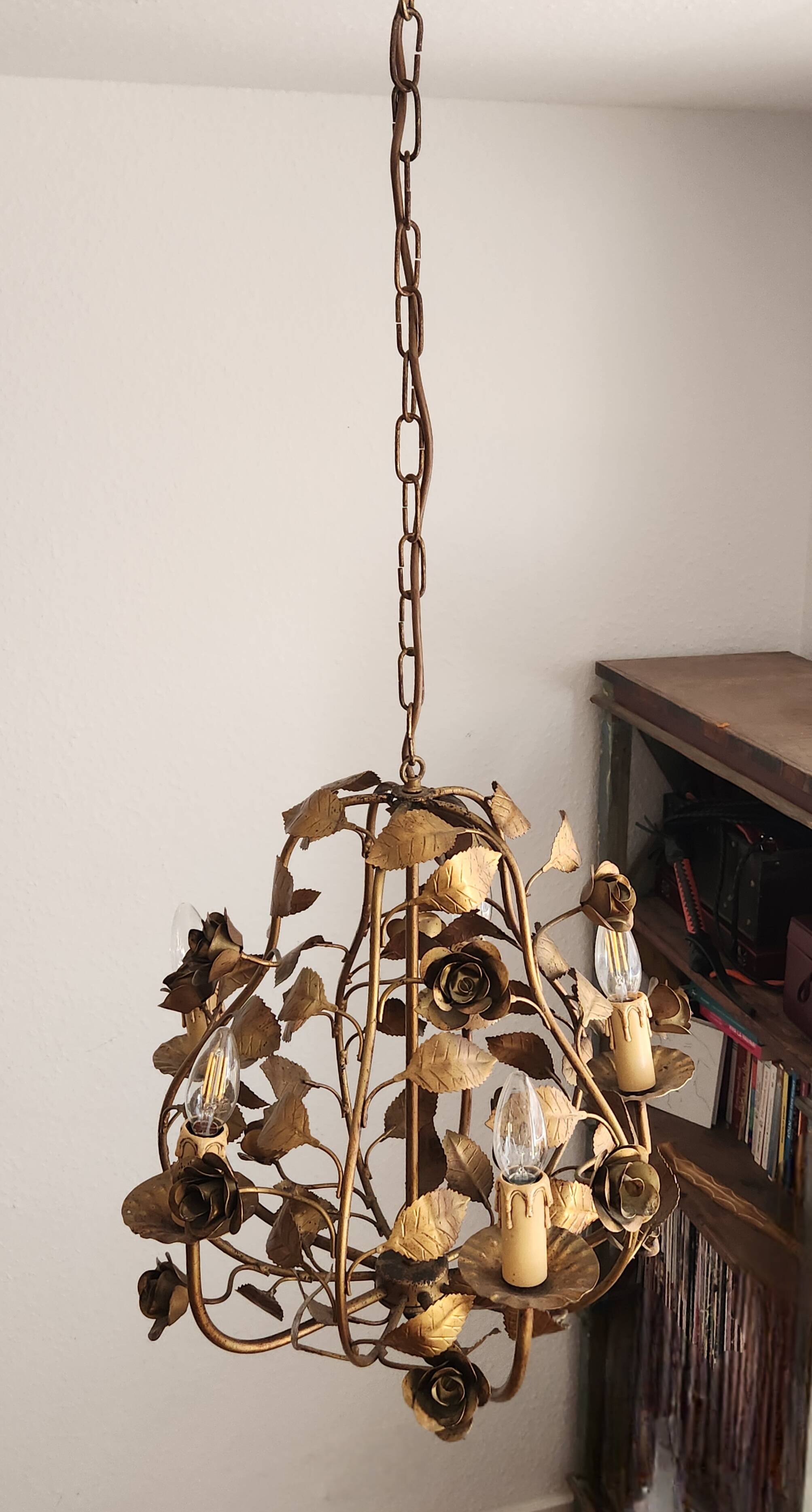 Chandelier hand-forged Hollywood Regency rose leaf decorations