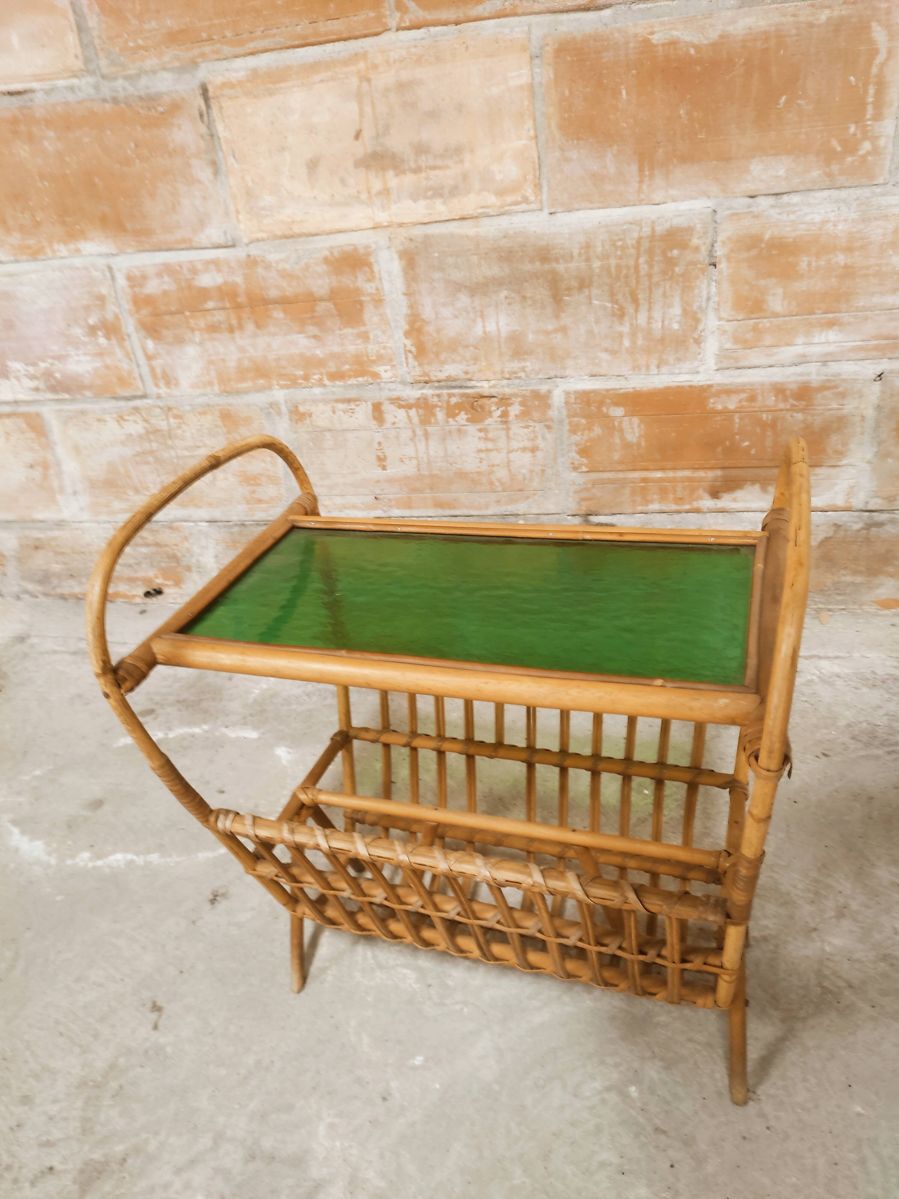 Rattan magazine holder, glass top
