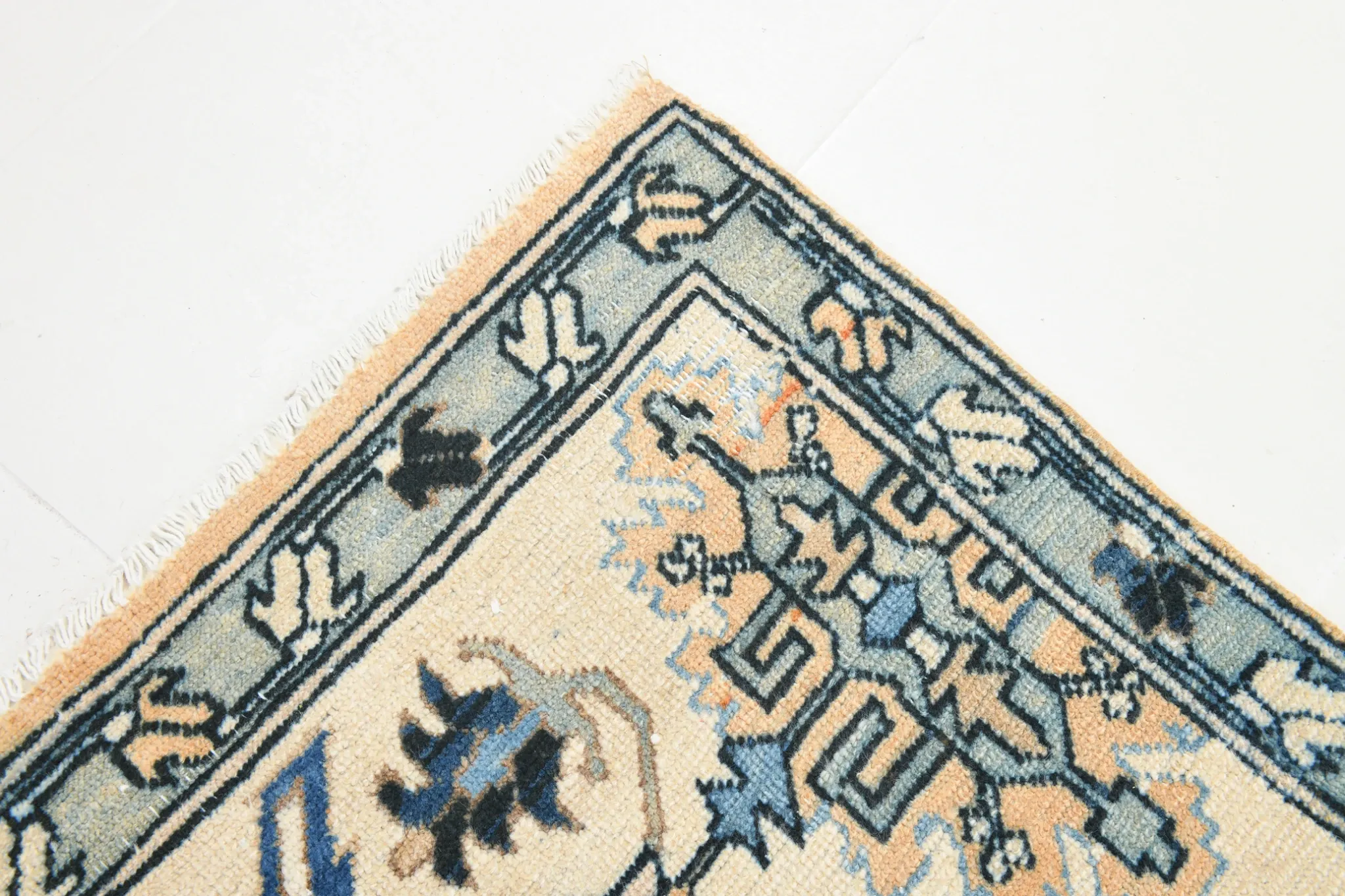 Vintage Large Blue & Peach Persian Rug, Handmade Wool Rustic Decor,348x495