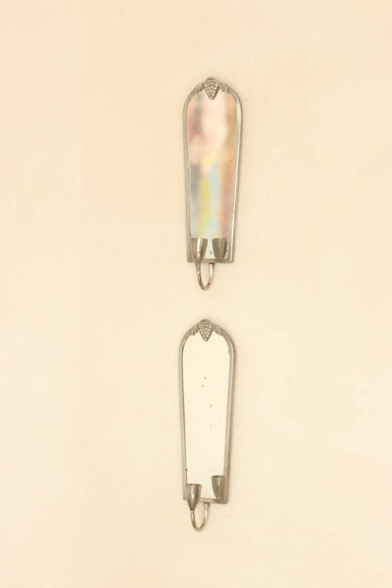 Pair of Mid Century Swedish Pewter Sconces with Mirror