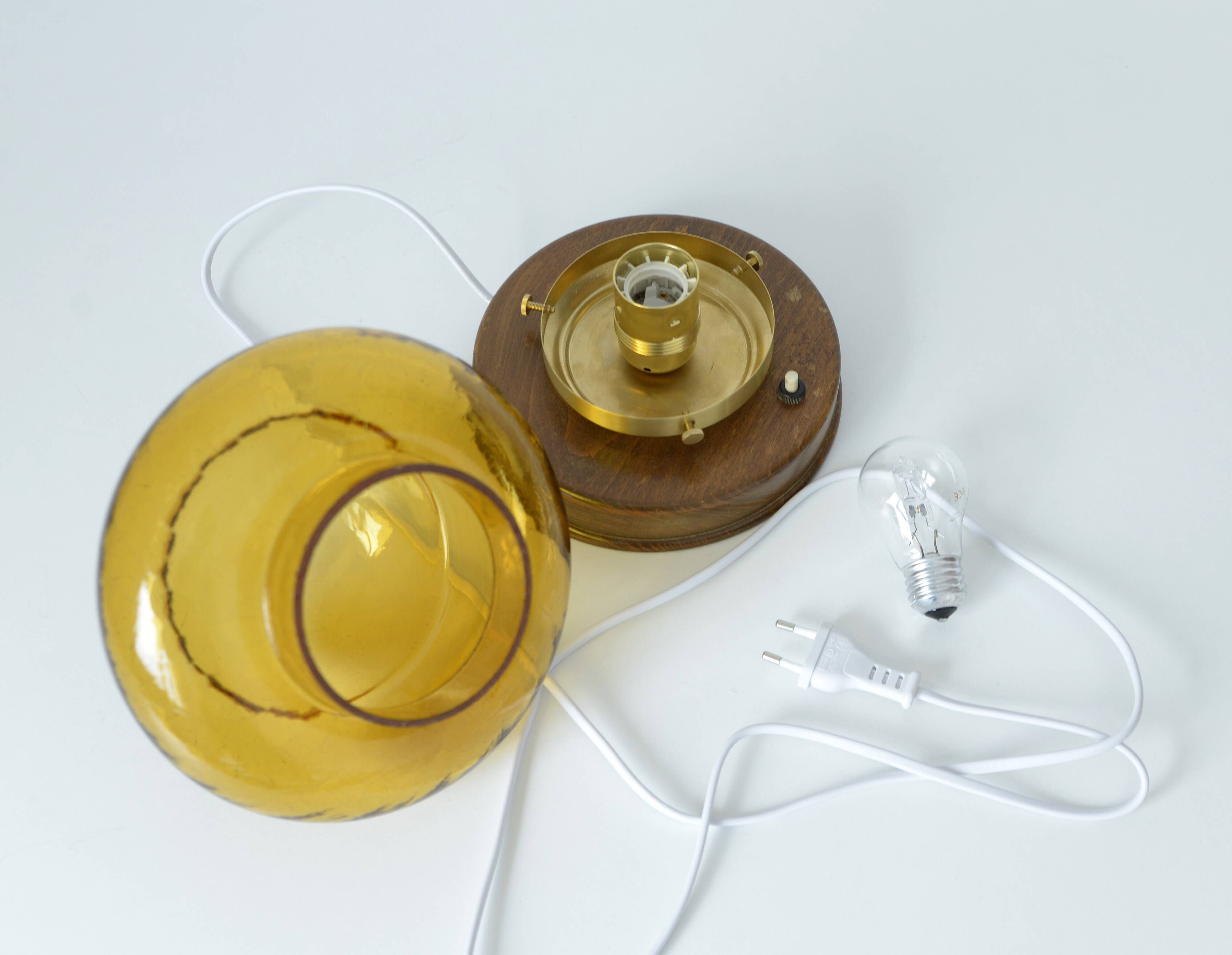 Vintage table lamp rustic desk light amber glass mushroom lamp 1970