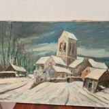 Tableau ancien église d'Auvers sur Oise sous la neige