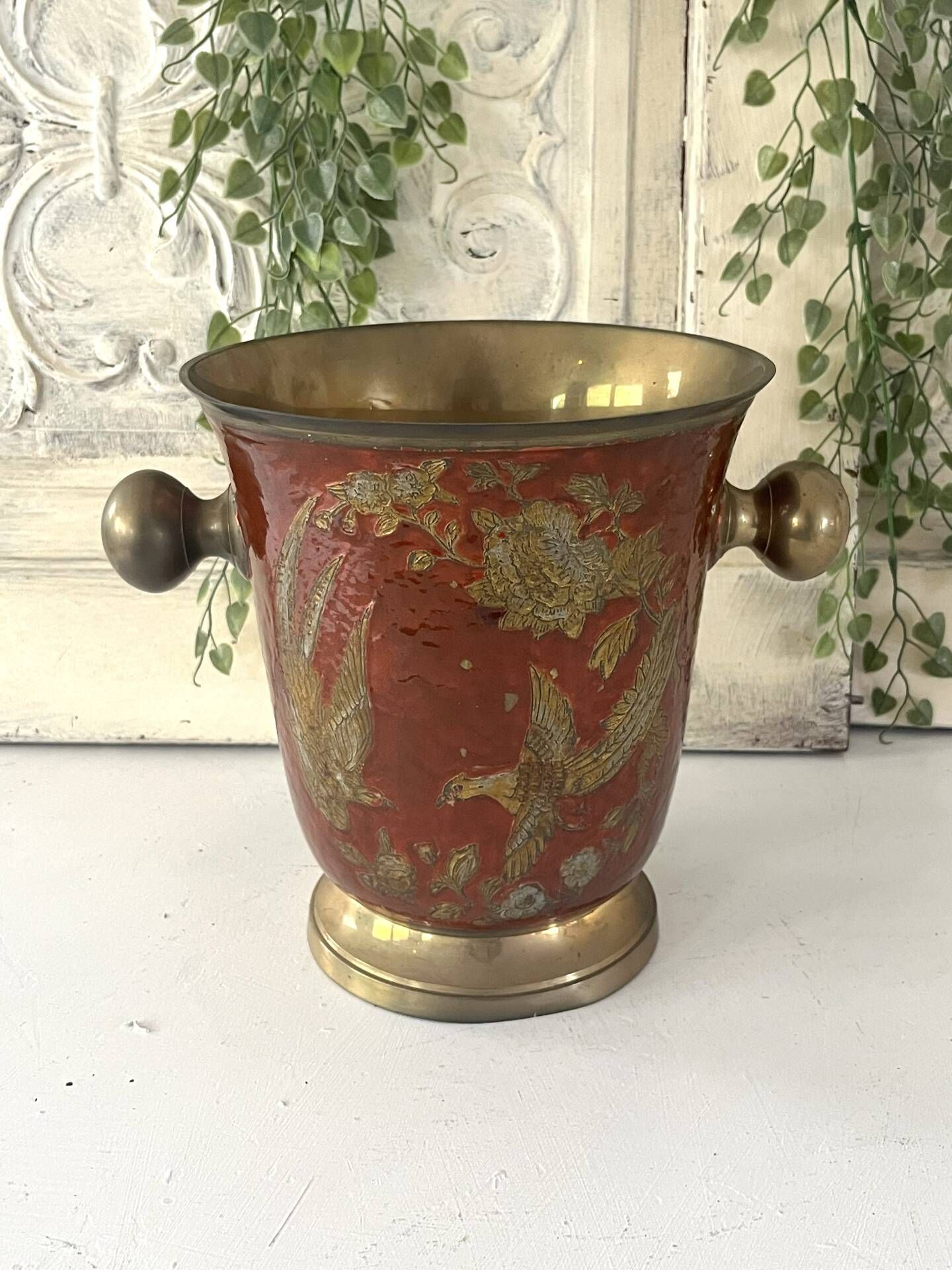 Ice Bucket, Enamel Red and Gold French Brass Champagne Cooler, Vintage