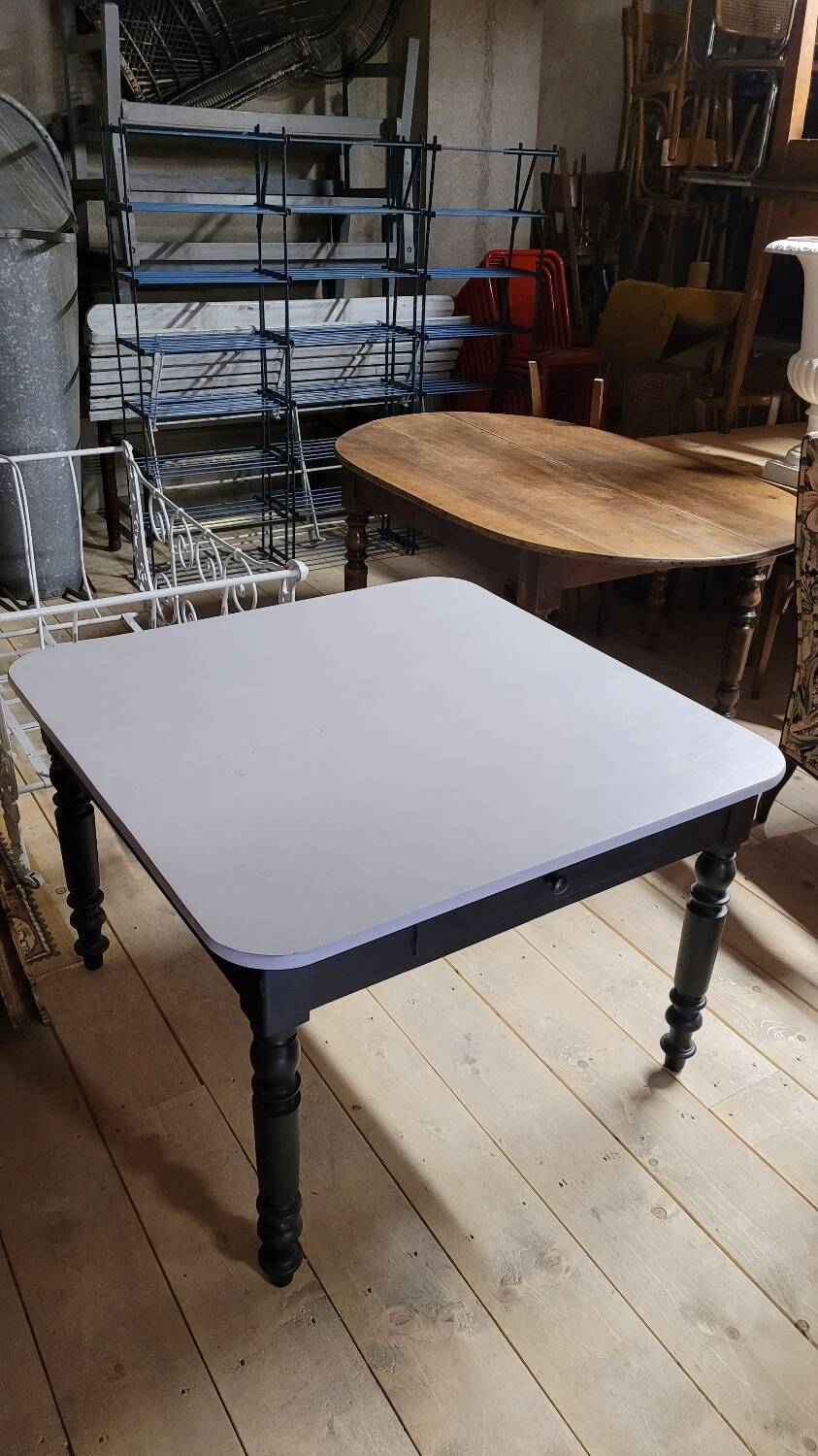 Antique patinated bistro farmhouse table, one drawer