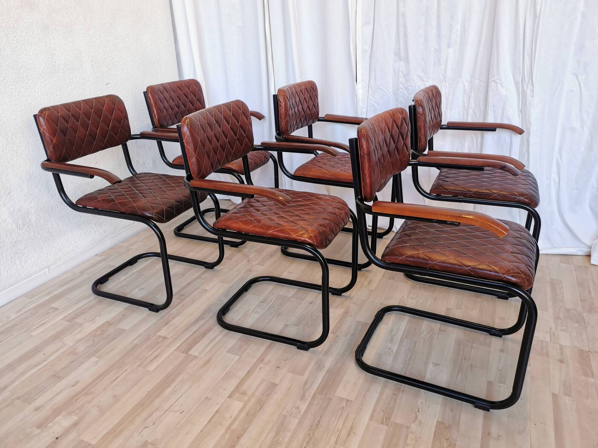 Set of 6 Vintage Cognac Leather Dining Chairs: Quilted Industrial Armchair