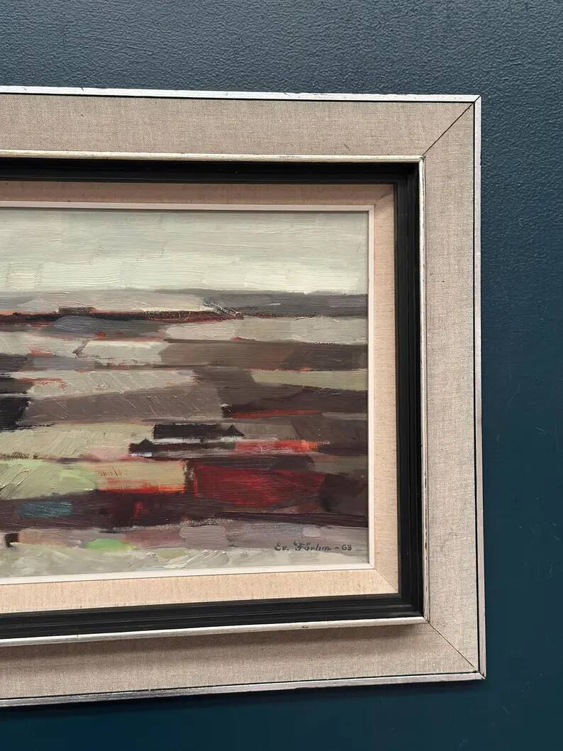 Original Swedish Oil on Panel – “Field Patches” by Evert Färhm (1901–1971) – Signed – 1968 – Vintage & Framed – 61 × 53 cm (24" × 20.9")