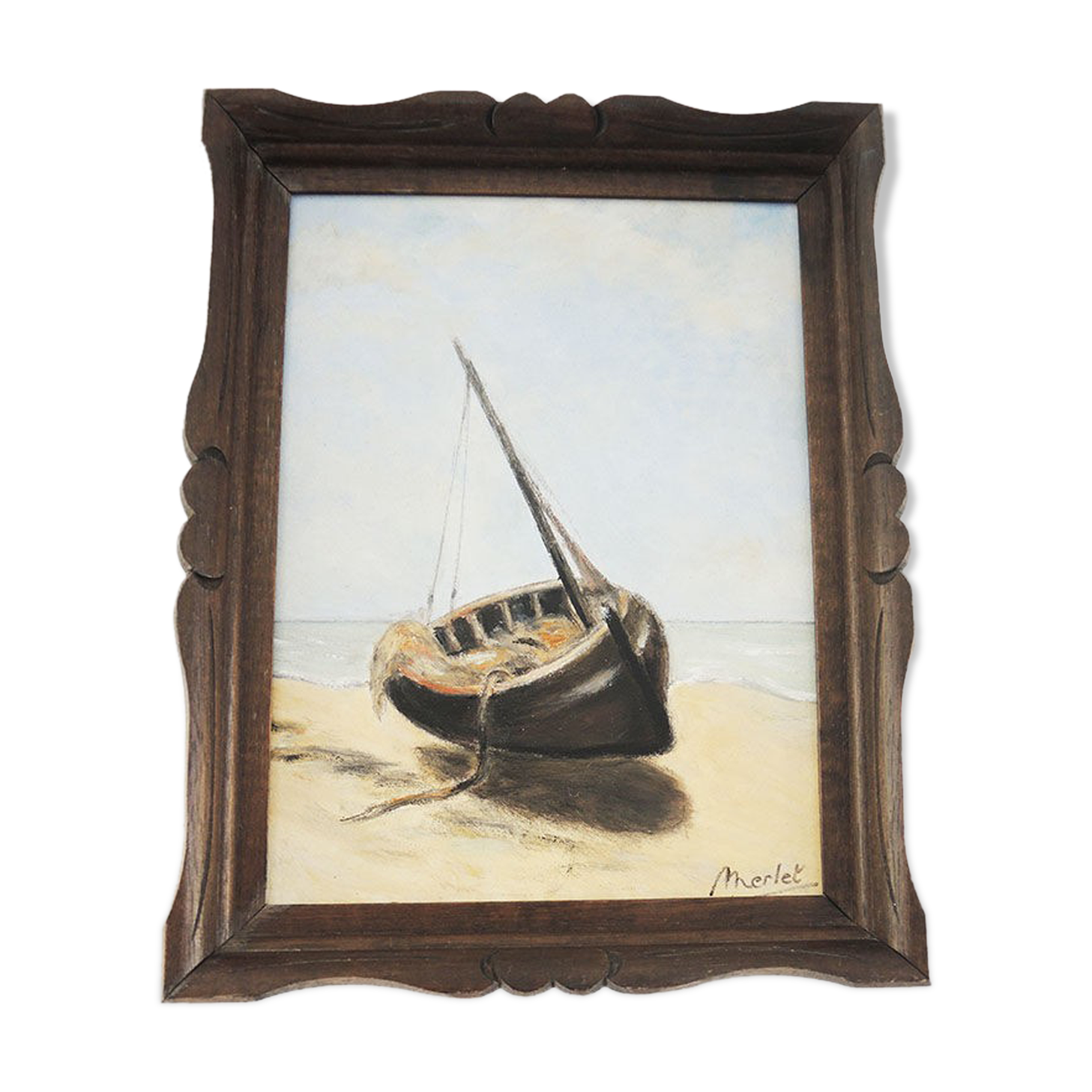 Oil on Wood Framed and Signed Henri Merlet : Boat Lying on Strike
