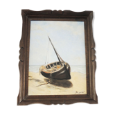 Oil on Wood Framed and Signed Henri Merlet : Boat Lying on Strike
