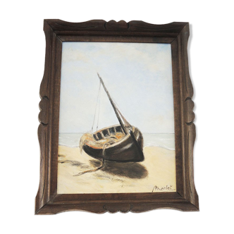 Oil on Wood Framed and Signed Henri Merlet : Boat Lying on Strike