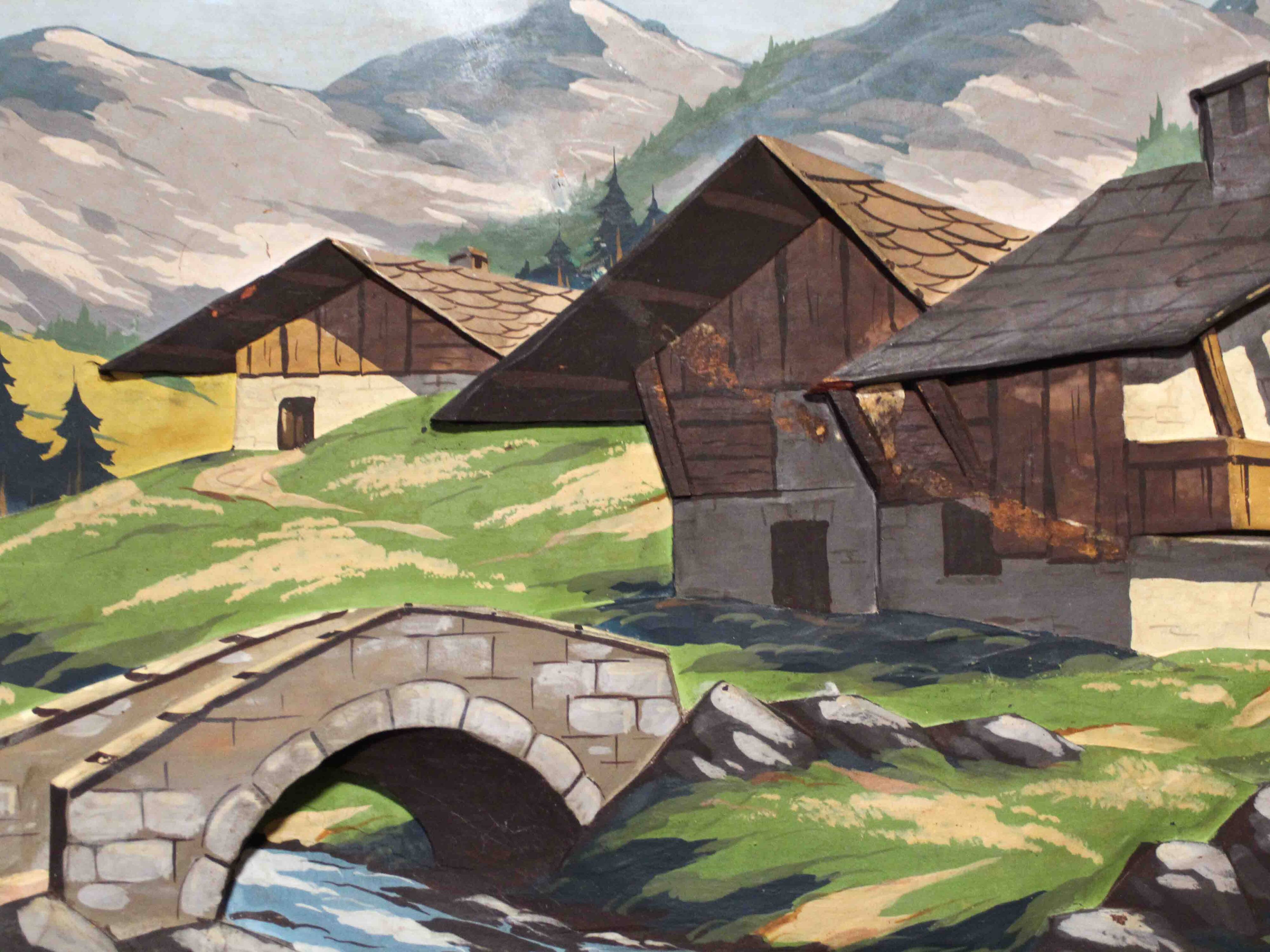 Oil on carved panel in relief, Alpine chalet