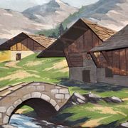 Oil on carved panel in relief, Alpine chalet