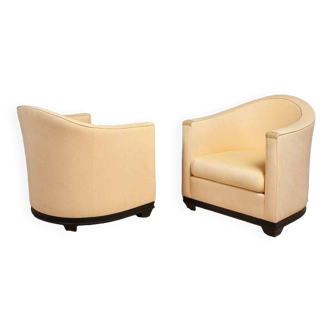 Pair of Art Deco First Time armchairs 1930 cream fabric on wooden structure