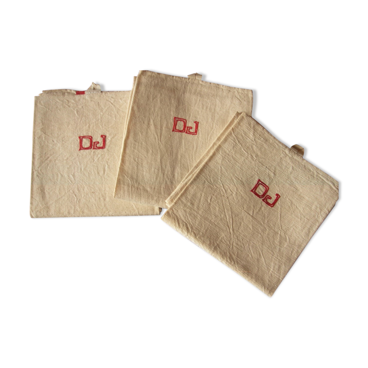 Lot 3 towels linen strips red monograms D J
