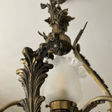 Ancien lustre cage en bronze et 4 feux tulipe