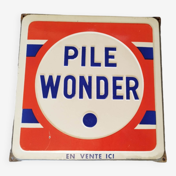 Plaque émaillée tôle publicitaire pile wonder