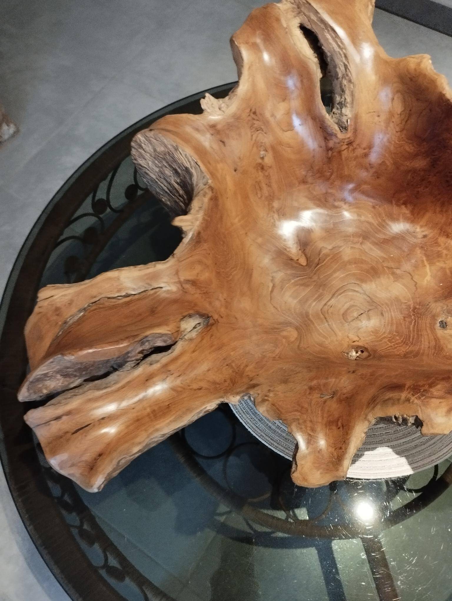 Sculptural wooden centrepiece, organic bowl, brutalist.