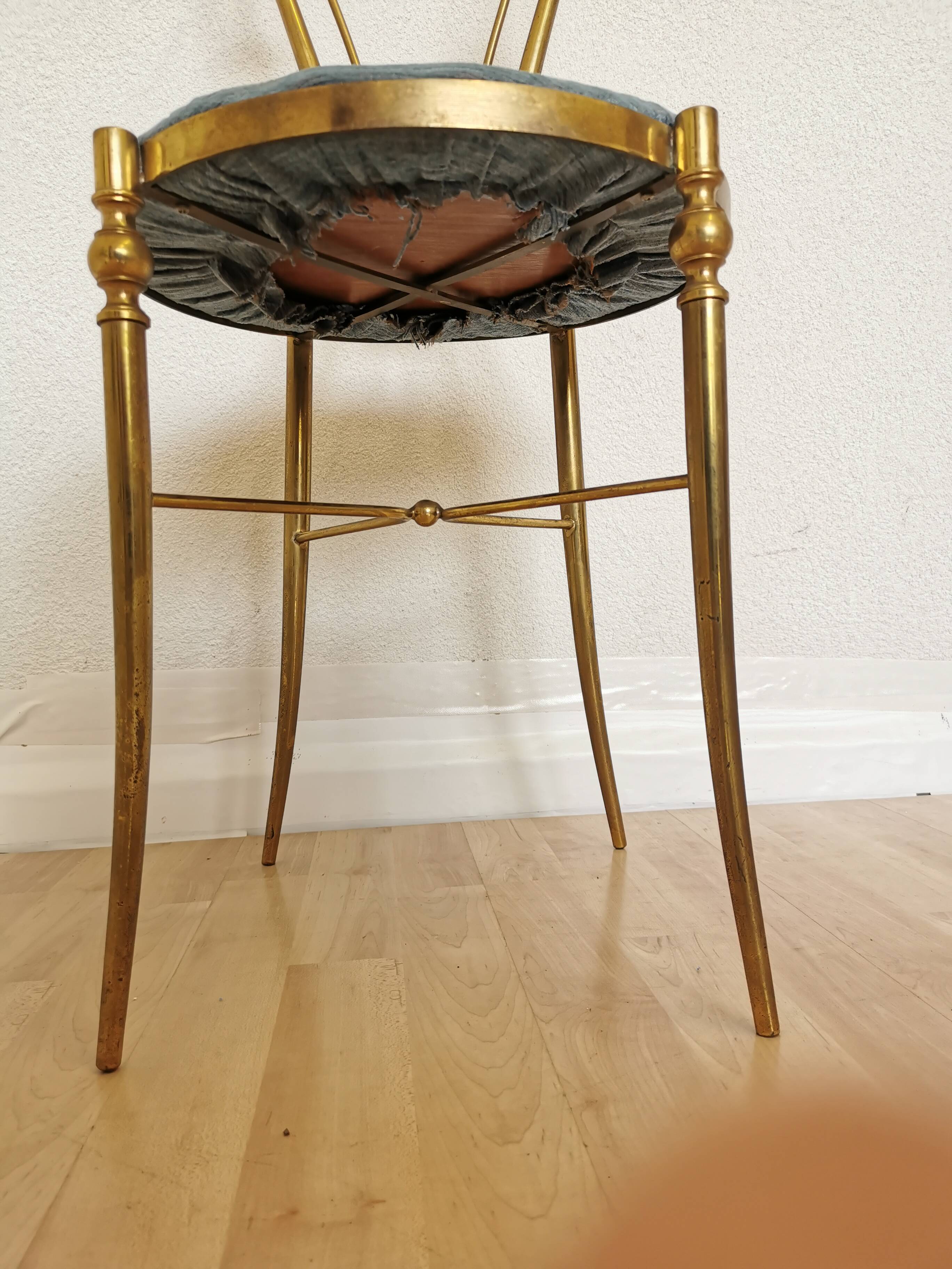 Vintage Paolo Buffa Brass Vanity Chair: Chiavari Style, Blue Fabric, 1950s