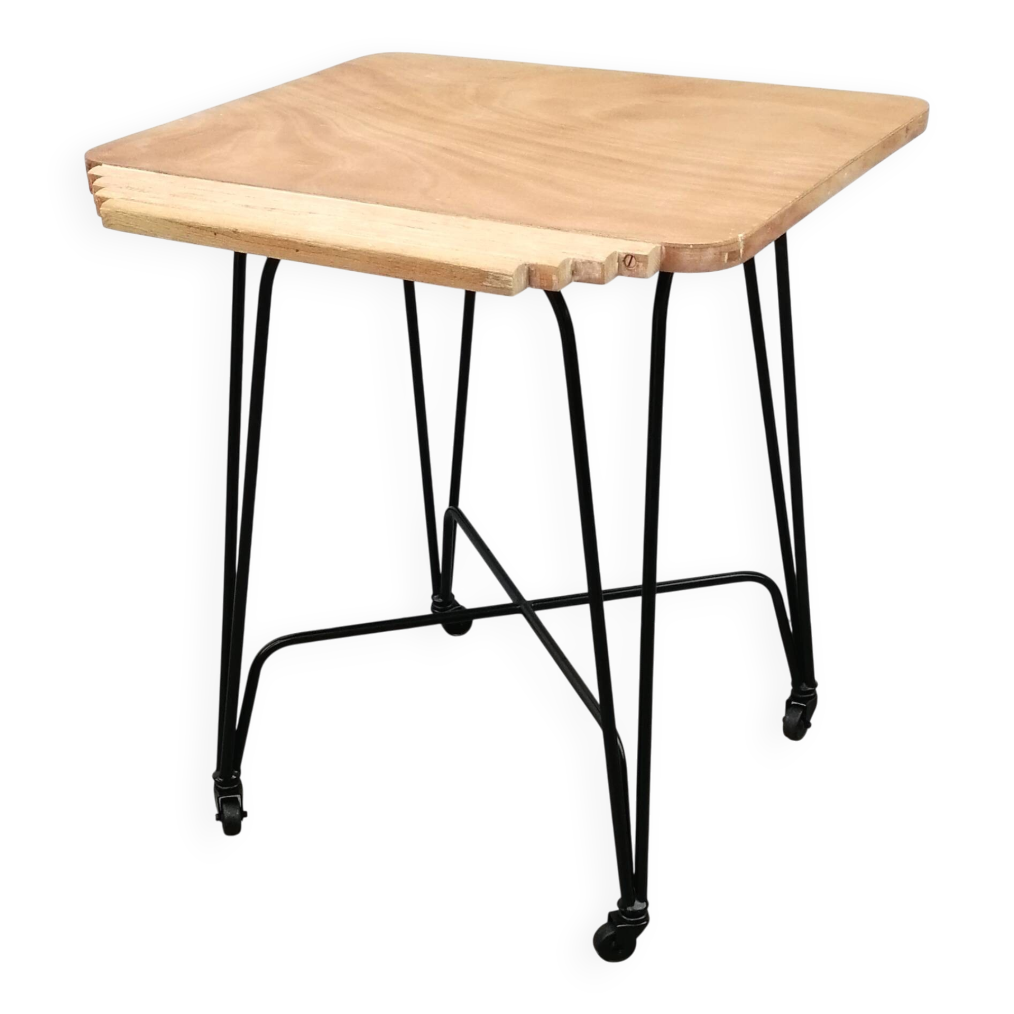 Wood and metal dessert trolley on wheels, vintage Eiffel leg, made in France 1960.