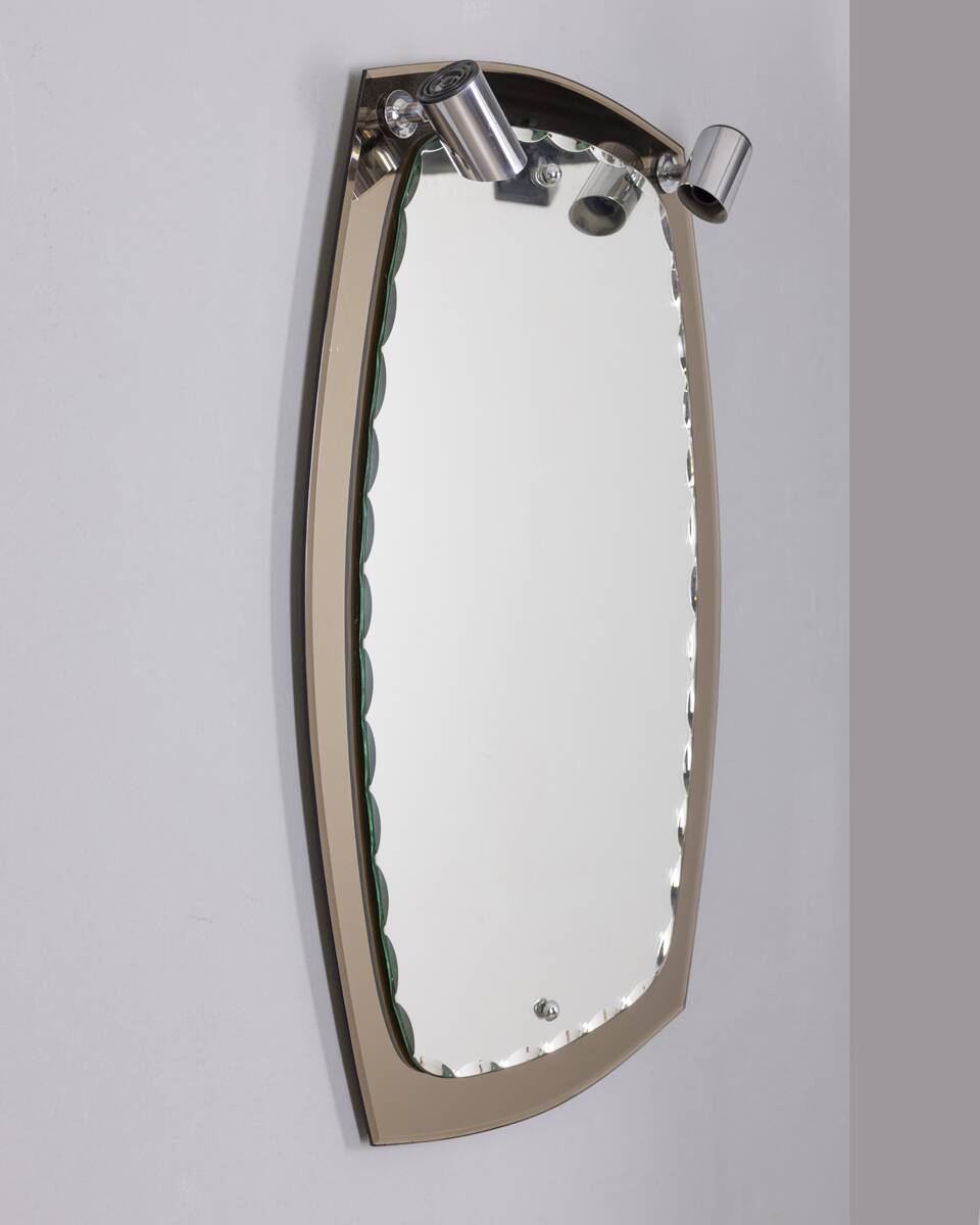 VINTAGE 1960S SMOKED GLASS WALL MIRROR WITH ITALIAN DESIGN SPOTLIGHTS