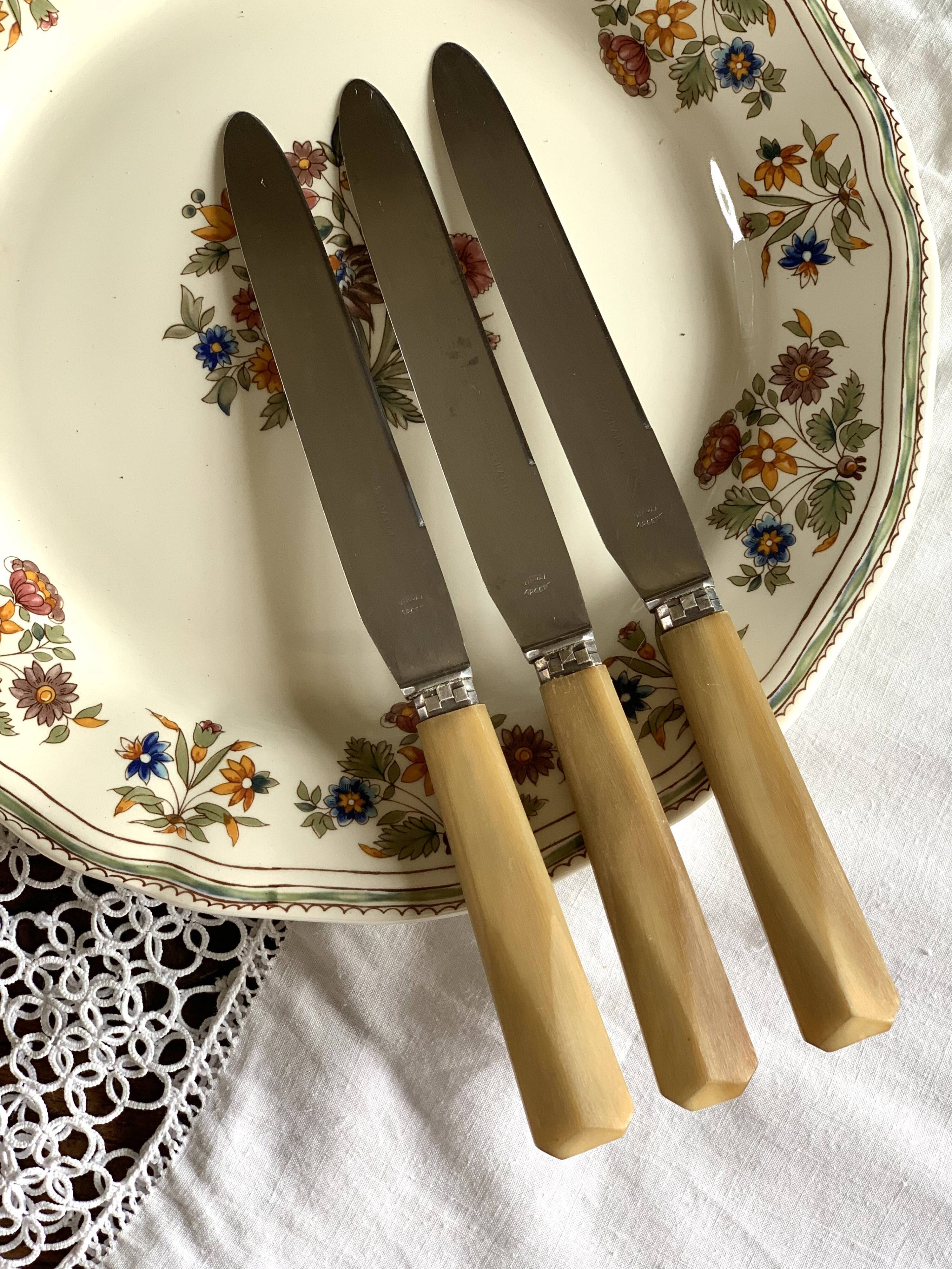 Set of 11 old table knives, horn handle, stainless blade and silver ferrule