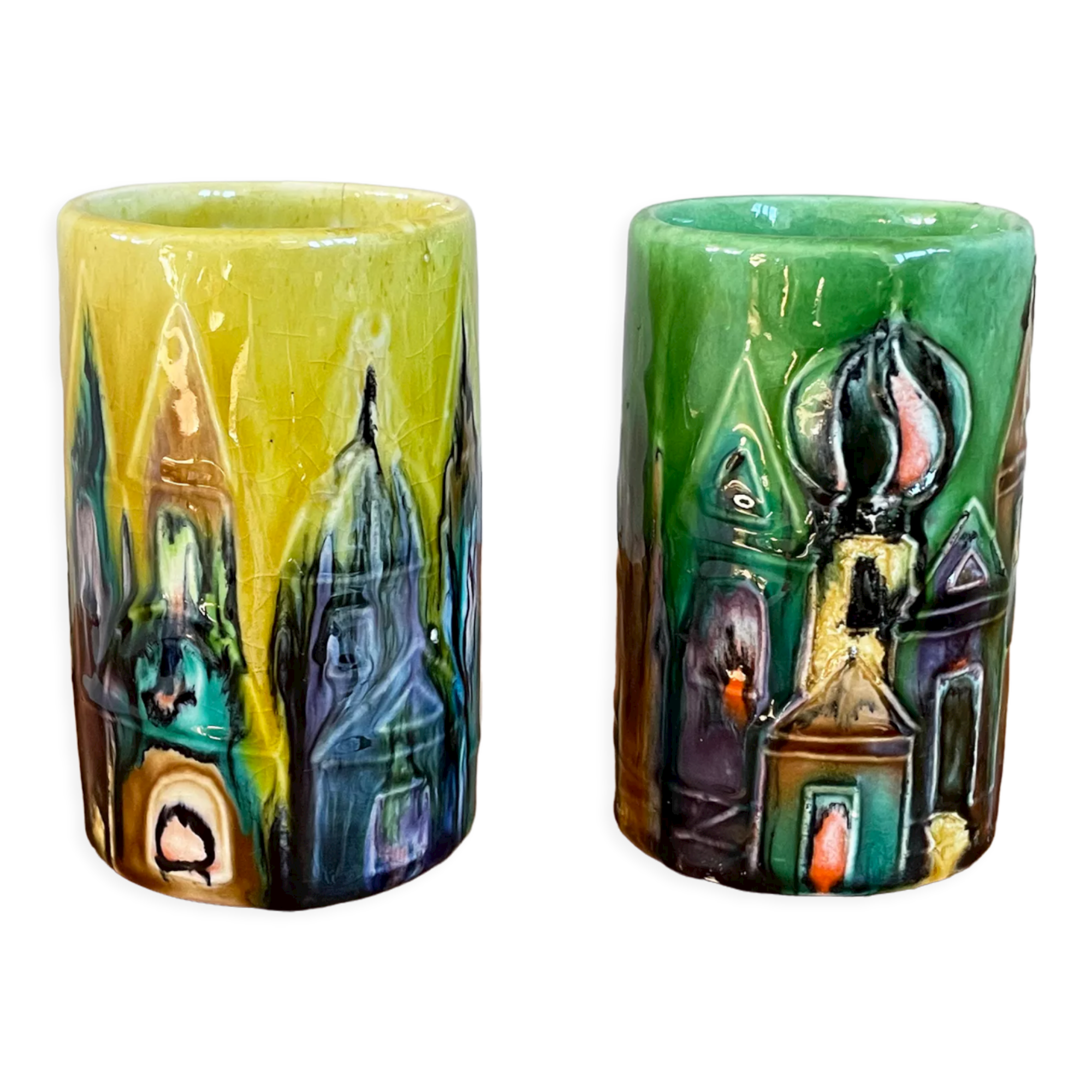 Paire de vases en céramique modernistes elio schiavon, paysage urbain sur les toits d’horizon, poterie italienne des années 1960