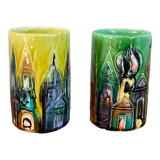 Pair of elio schiavon modernist ceramic vases, skyline rooftops cityscape, 1960s Italian pottery
