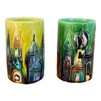 Pair of elio schiavon modernist ceramic vases, skyline rooftops cityscape, 1960s Italian pottery