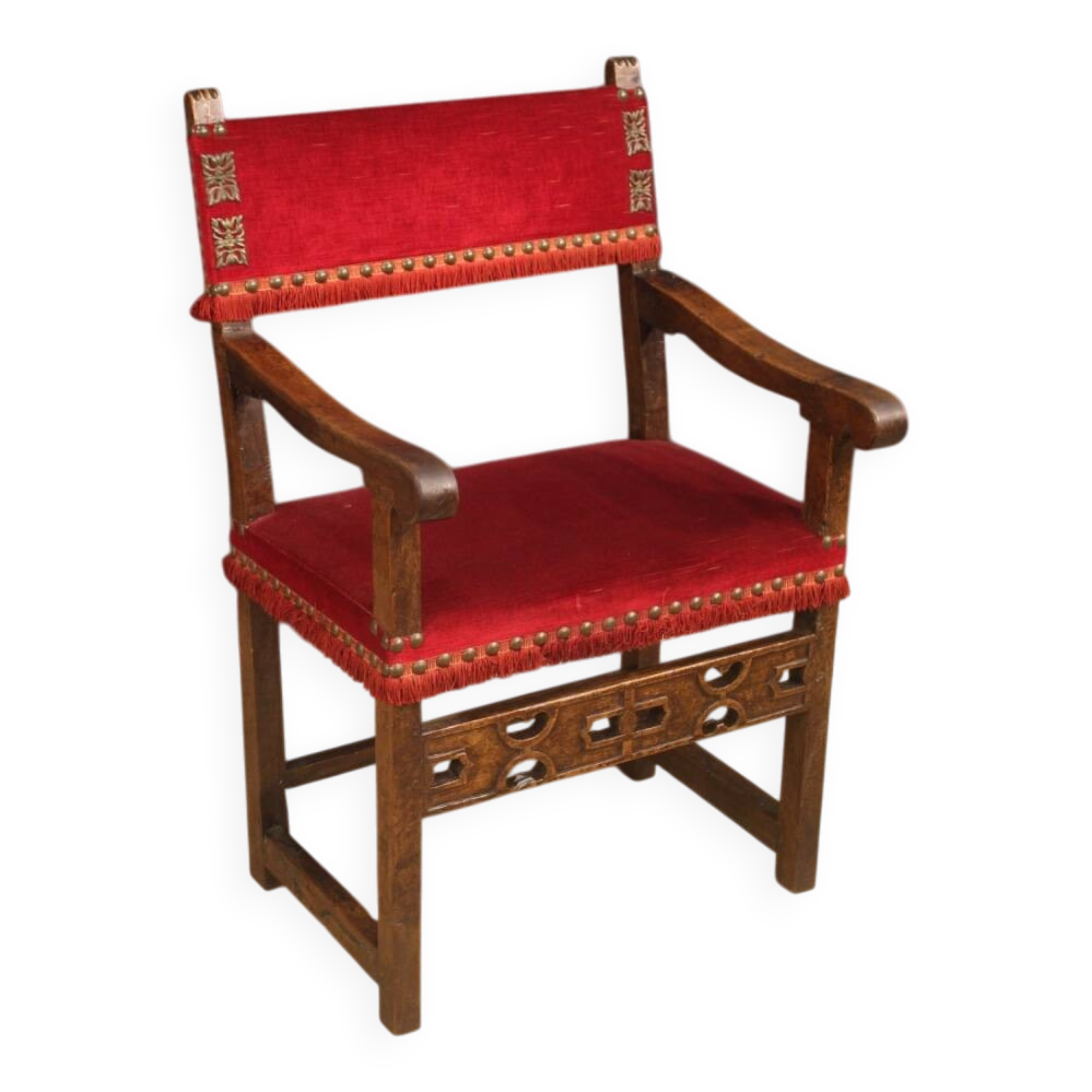 Antique Italian Walnut Armchair With Red Fabric From 19th Century