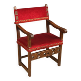 Fauteuil italien ancien en noyer avec tissu rouge du XIXe siècle