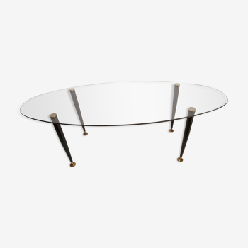 Table basse verre fumé pieds noir et laiton, 1960