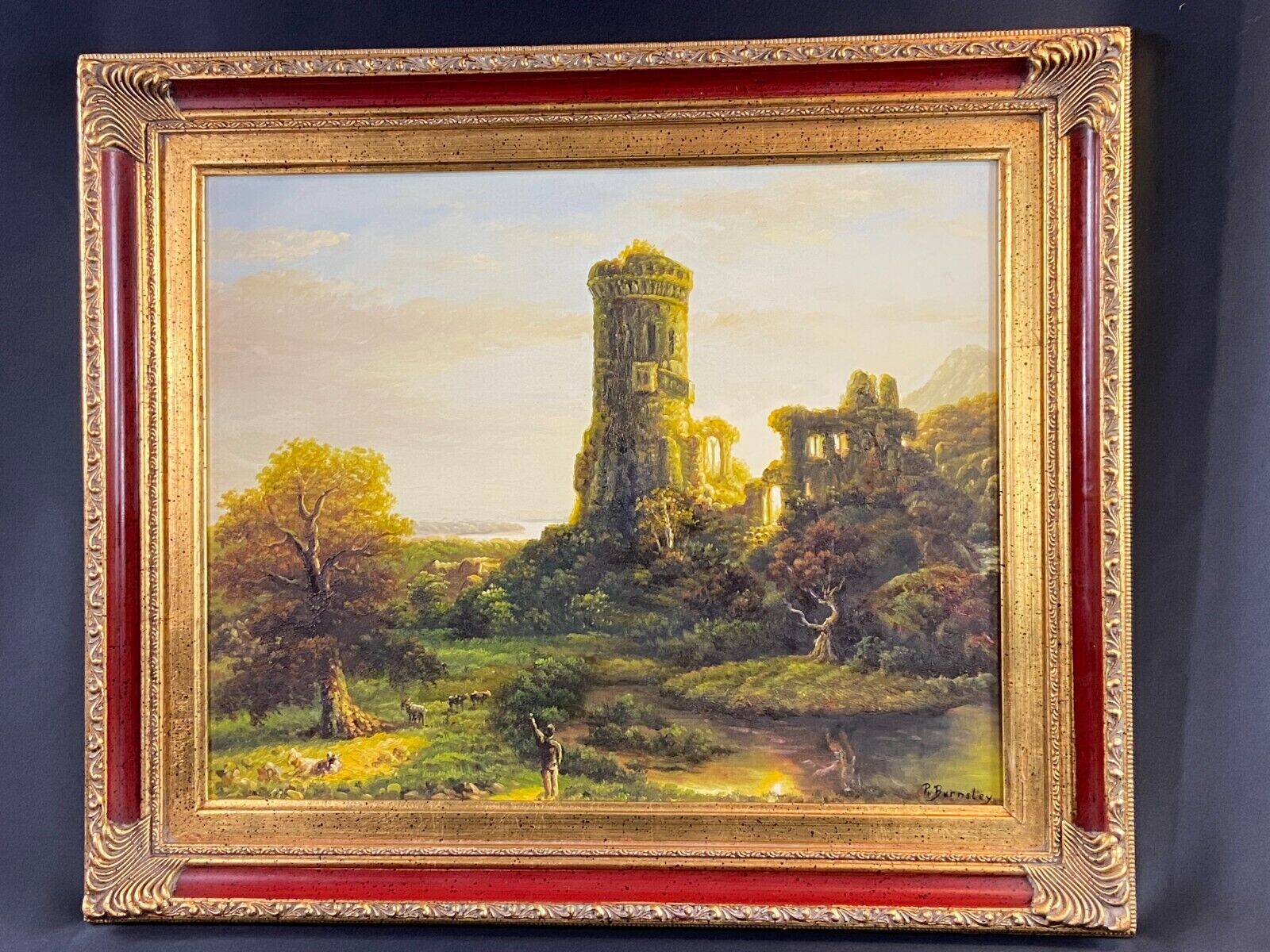 Animated landscape painting with ruined castle signed Burnsley
