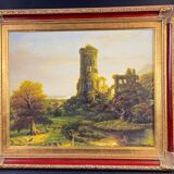 Animated landscape painting with ruined castle signed Burnsley