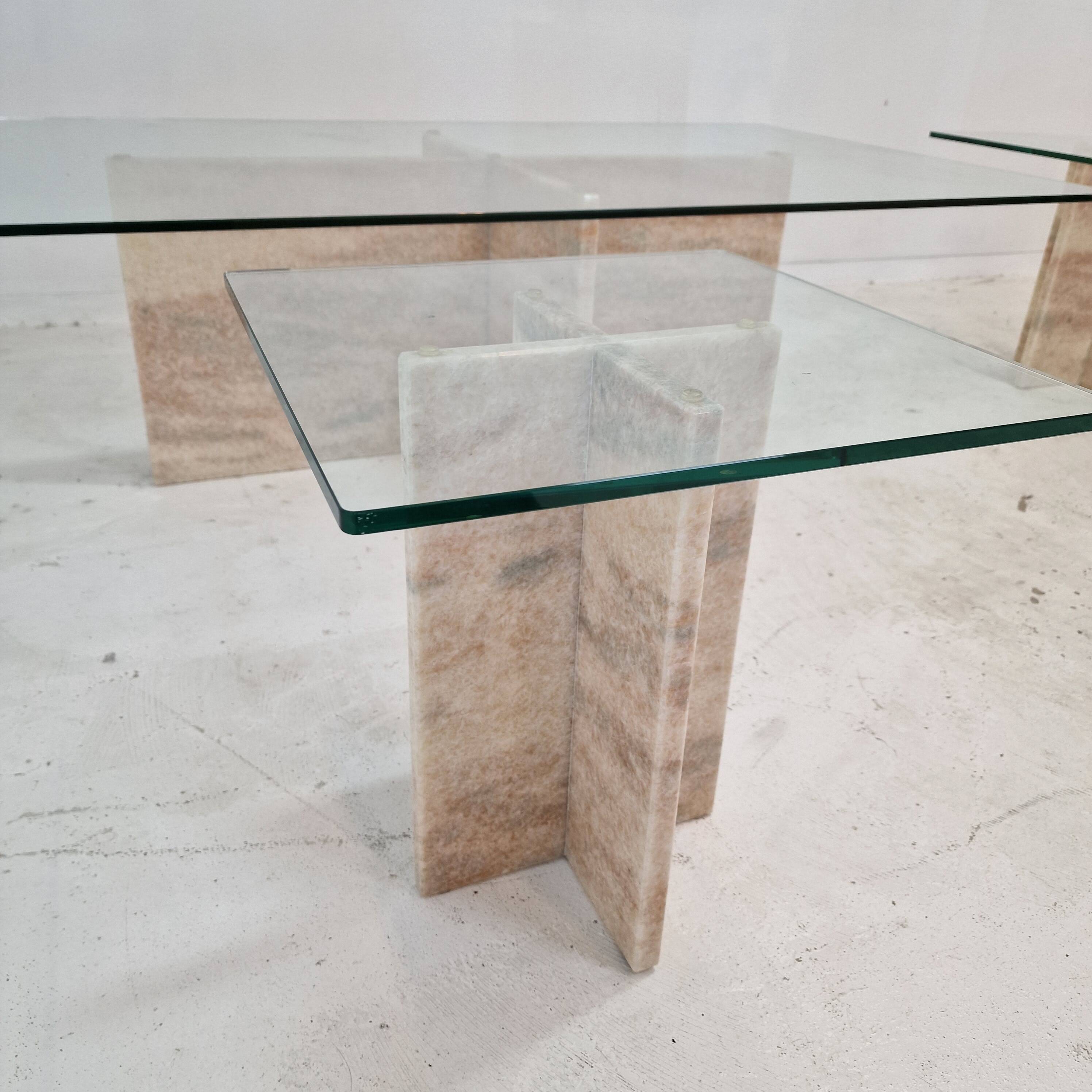 Set of 3 Italian Marble Coffee or Side Tables with Glass, 1980s