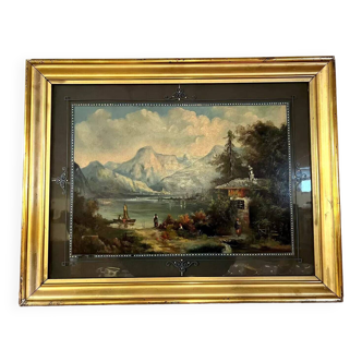 Fixed under glass showing a lake view with the Alps in the background (A)