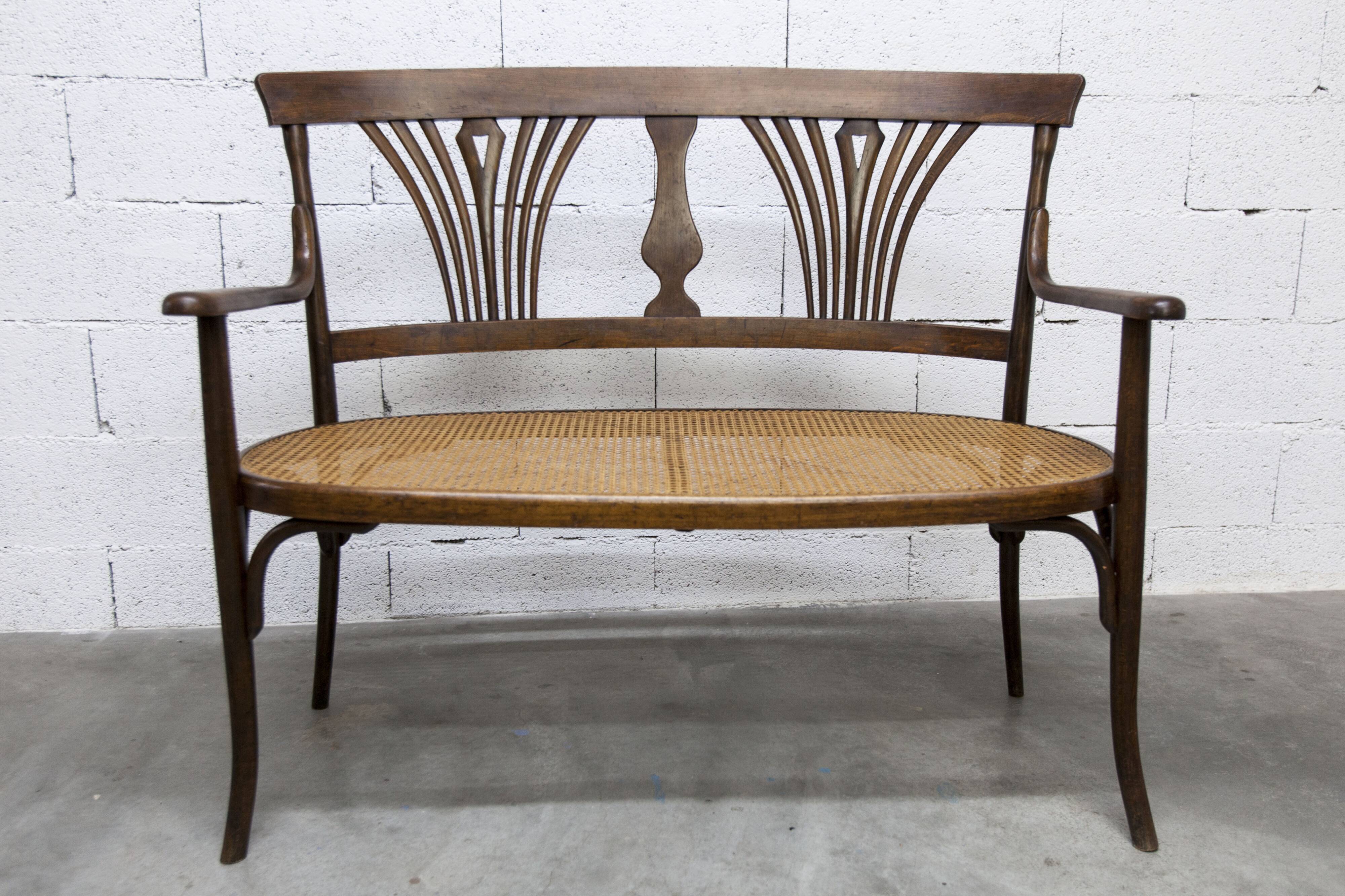 Fischel bench 1930 curved wood artisanal cane handmade