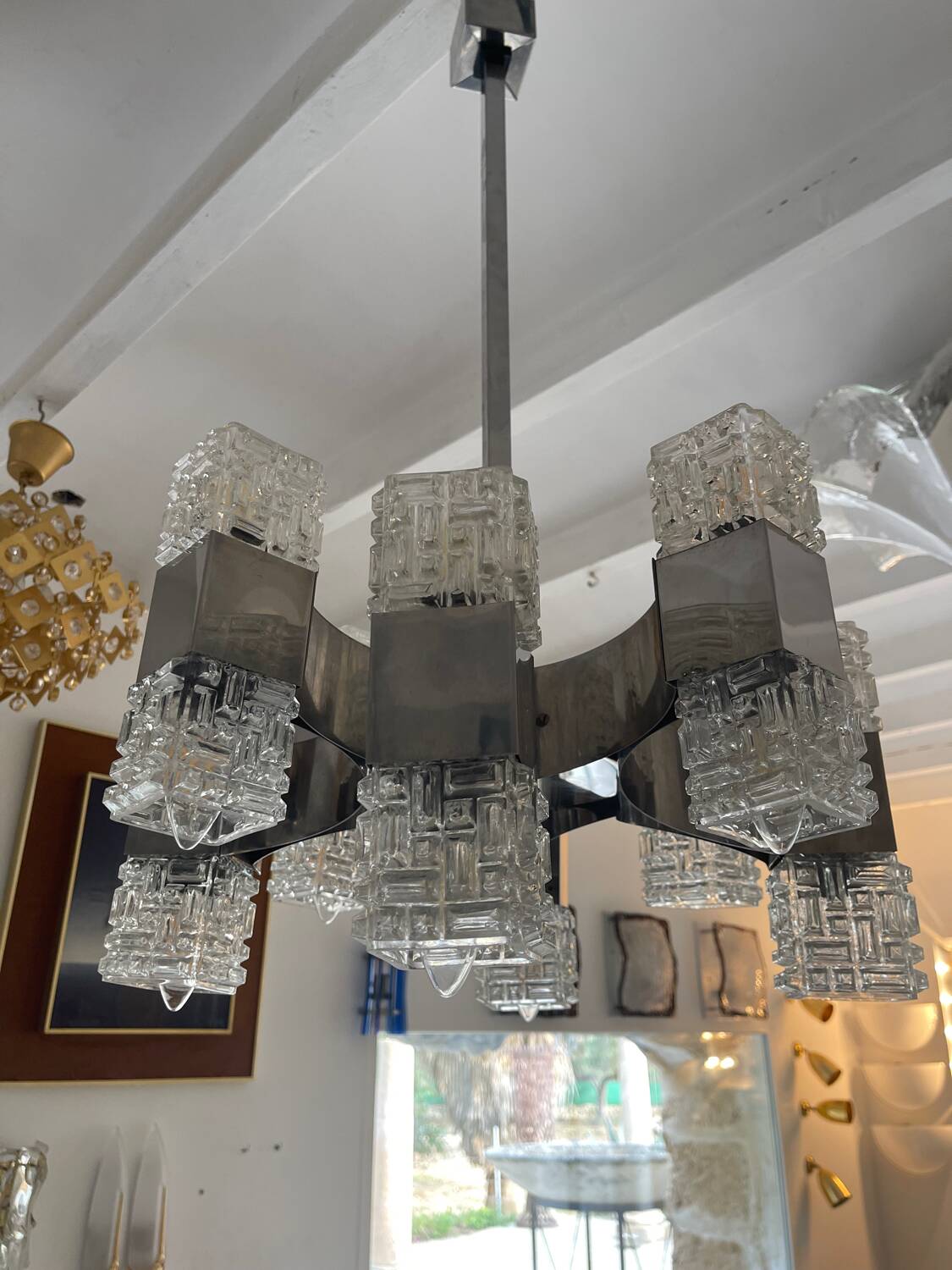 Lustre Sciolari 16 feux verre et chrome , Italie 1970