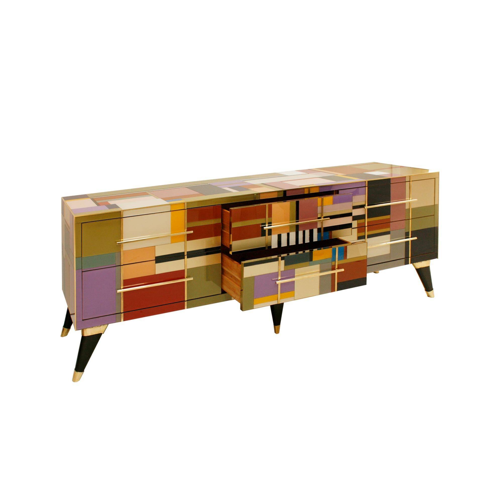 Mid Modern Style Italian Sideboard, Solid Wood & Colored Glass, Six Drawers