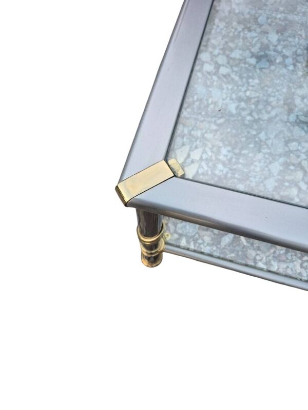 table de salon 1970 métal alu brosse et doré verre biseauté