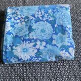 Drap plat vintage 2 personnes en coton aux motifs floraux bleus