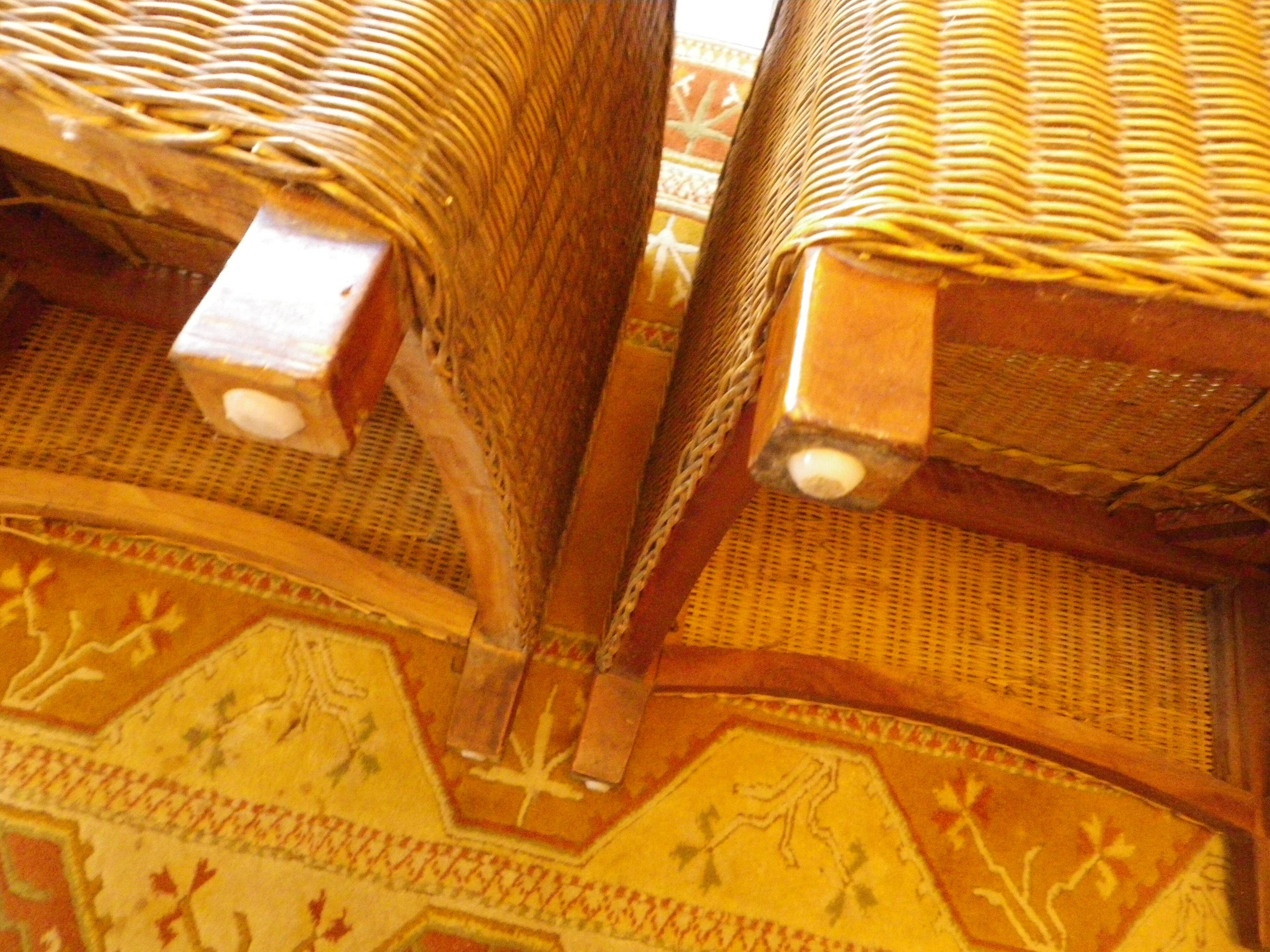 Pair of Club armchairs in ocean liner style, woven rattan and solid wood.