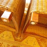 Pair of Club armchairs in ocean liner style, woven rattan and solid wood.