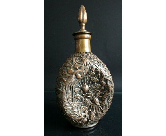 Ancienne bouteille verre chine phenix dragon flacon chine vietnam vers 1900