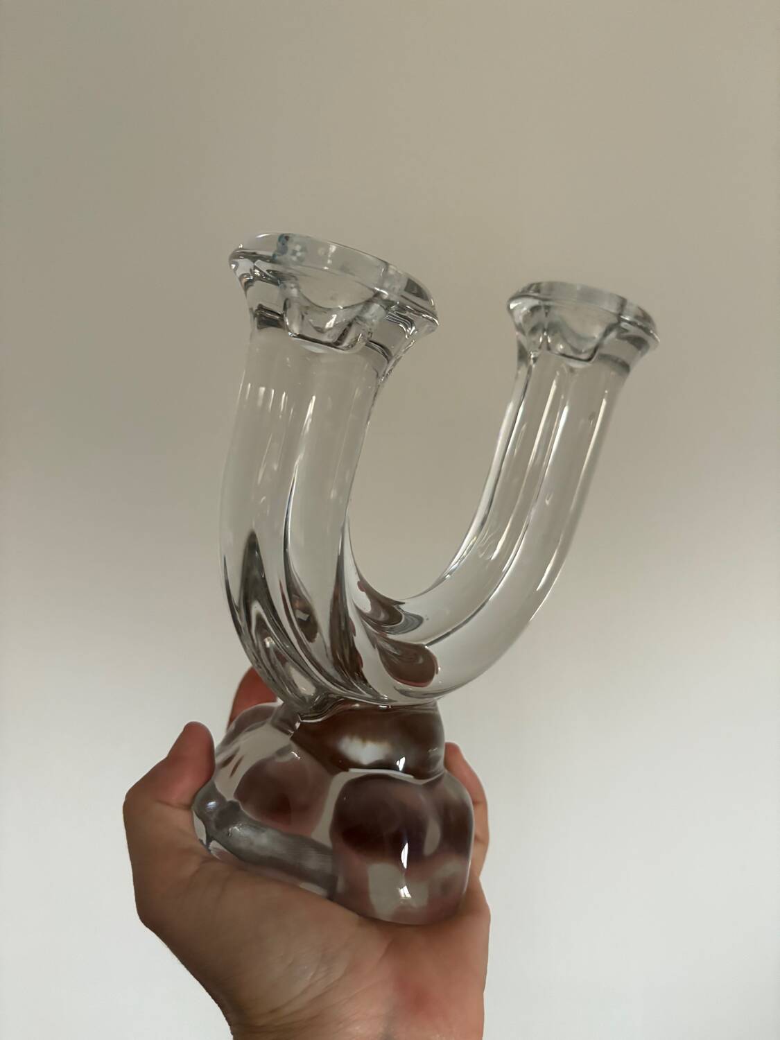 Vintage crystal glass candlestick with two branches.