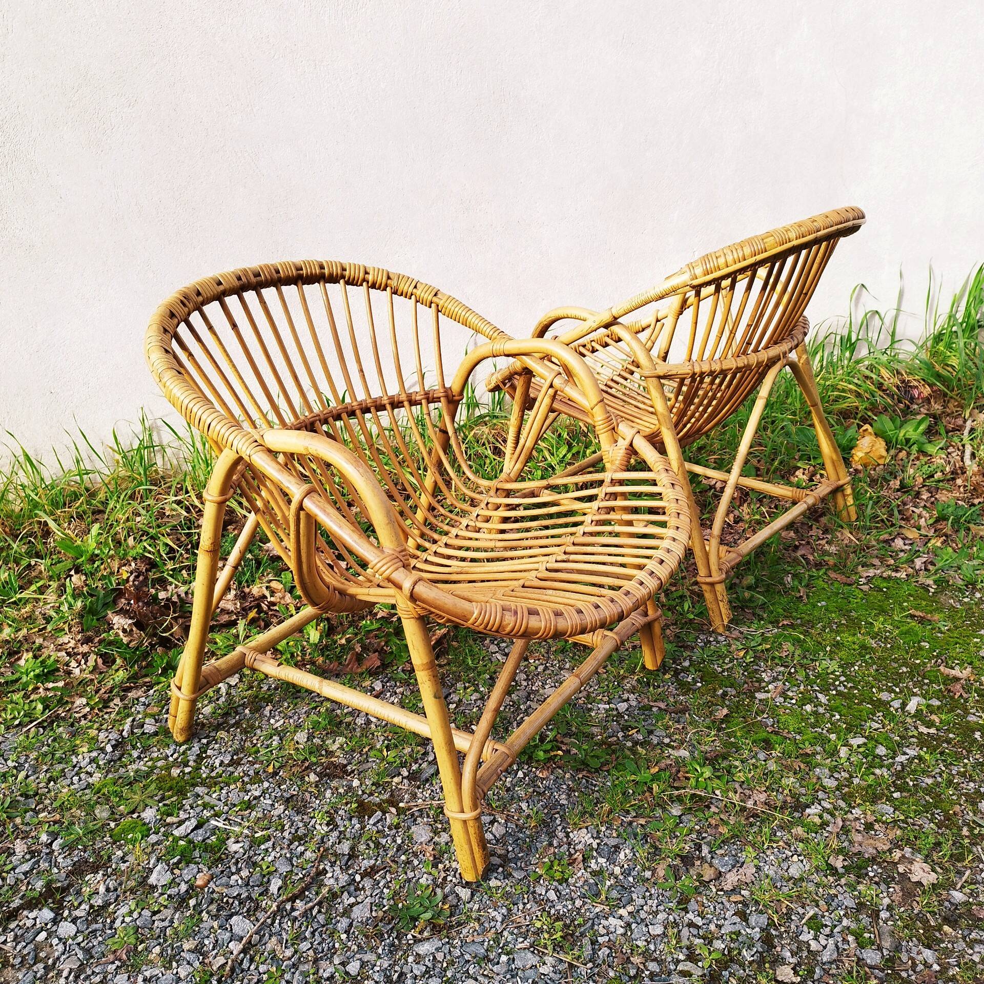 Pair of vintage rattan shell armchairs design 1960
