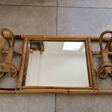 Coat rack with mirror background with two hooks - In bamboo and rattan - Design from the 1960s